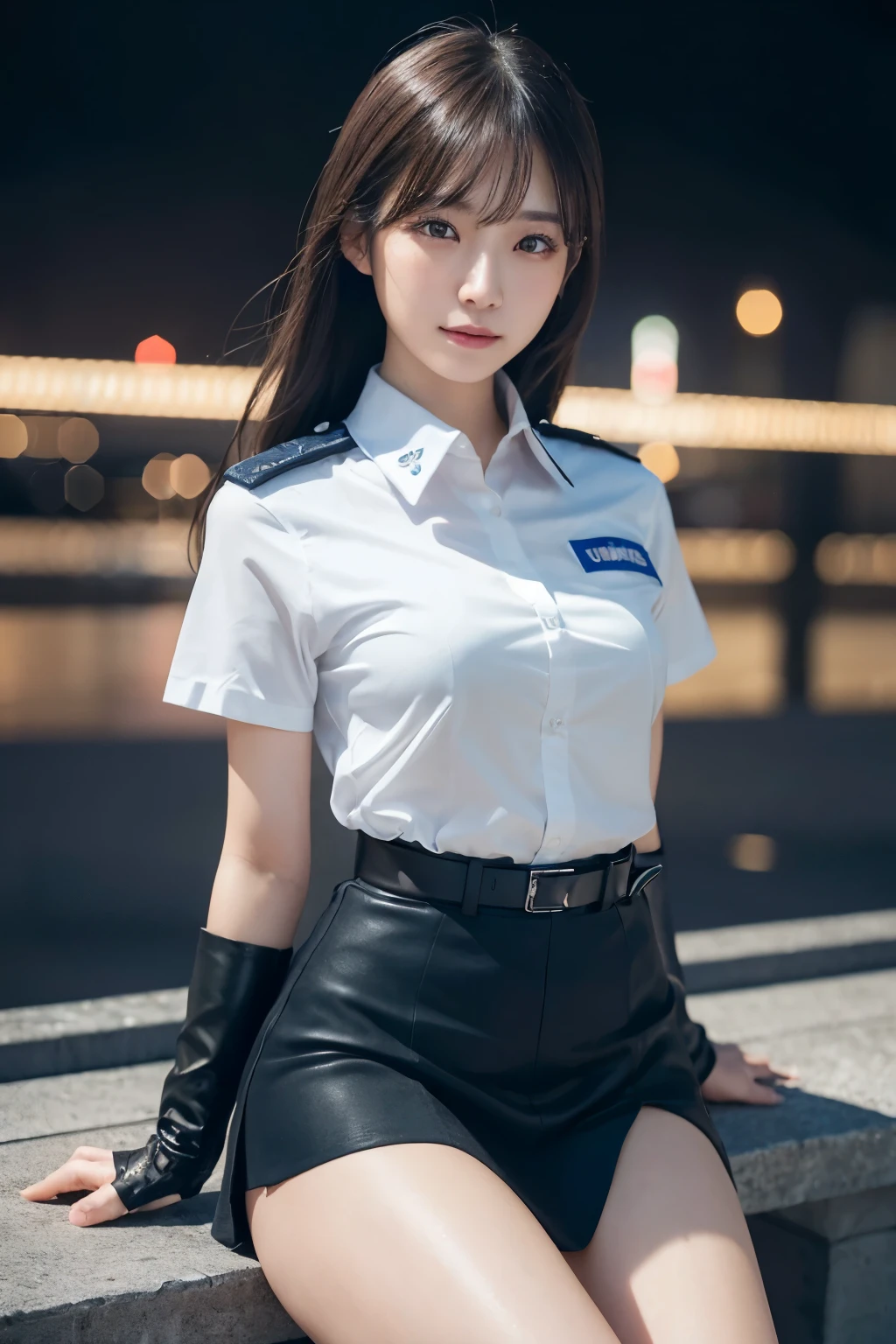 An innocent 20-year-old girl、((Japanese Police Officer, Sexy police uniform, skirt, Cute and elegant, Dramatic Pose)),smile,Night city background,shortcut、RAW Photos, (8k、highest quality、masterpiece:1.2)、(Intricate details:1.4)、(Photorealistic:1.4)、Octane Rendering、Complex 3D rendering with ultra-detail, Studio Soft Light, Rim Light, Vivid details, Super Detail, Realistic skin texture, Detailed aspect, Beautiful details in the eyes, Highly detailed CG Unity 16k wallpaper, compensate, (Detailed Background:1.2), Glowing Skin, whole body,Put your hands down、Spread your legs and show me your panties,Sit on a bench