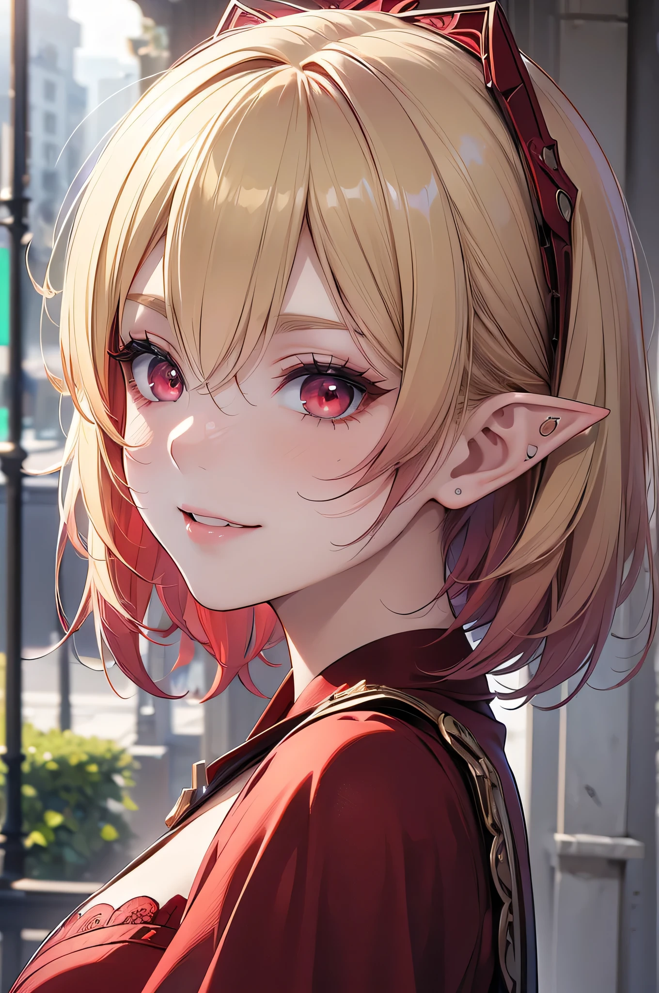 absurdres, (8k, RAW photo, best quality), masterpiece, hyper detailed, perfection, best quality, photo-realistic, (((1girl:1.2))), (((blond girl))), (((solo:1.2))), elf, elf ears, (((shortcut hair))), (((burgundy hair ends))),  (((scarlet red eyes))), (slanted red eyes, tsurime), blond eyebrows, (portrait:1.34), face shot, full-length:1.5, (((fashion model pose))), at schoolyard, daylight, amazing shadow, close-up, (evil smile), (((face close-up)))