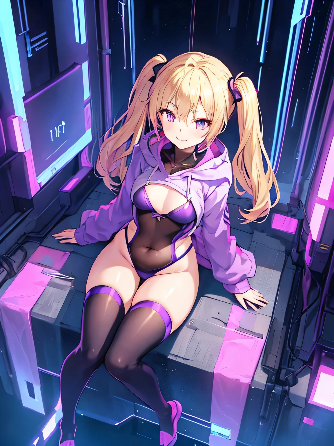 ((masterpiece, best quality)), High resolution, distinct image, (1girl), (solo), (female Focus), light smile, laying on bed, Arms raised (naked), (blonde side braid hair 1.2), (blue eyes), (eyelashes), (large breasts 1.4), cyberpunk bedroom, cyberpunk , oficial art, NSFW, blush