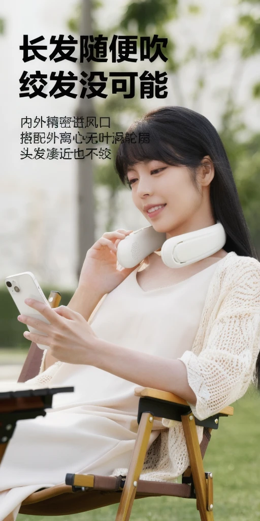 An Arafi woman sitting on a chair using her mobile phone, 带earphone, Official product images, 戴earphone, floating earphones, earphone, Attractive neck, - Hours 8 5 0 - Afternoon 6 0 0, wearing earphone, Product introduction photos, glass oled sun visor head, Ghost Festival, Integrated Synthesis, 戴着现代earphone