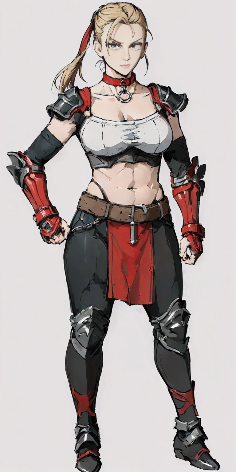 (Plain background) Female full body standing straight symmetrical looking to the viewer RED full body armored (handcuffs, shackles, rerebrace, faulds, poleyn, gauntlets, leather collar choker, gloves, gauntlets, high boots bootstraps, black stockings) 2 crossing big belt under belly button, navel, abs, garter straps belts attaching bra big knockers ((hands on hips)) view from below, wide hips