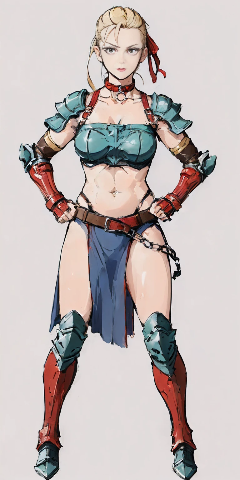 ((Plain background 1:2)) (Cammy White Street Fighter 6) Female full body standing straight symmetrical looking to the viewer RED full body armored (handcuffs, shackles, rerebrace, faulds, poleyn, gauntlets, leather collar choker) big belt under belly button, navel, belt over belly button ((hands on hips))