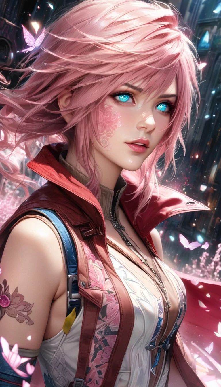 Ultra detailed, HDR, Highres, absurdres, master piece, Claire Farron, expressive aqua pale eyes, wavy pink short hair, Final Fantasy XIII, red cape with patterns, white dress with patterns, pink glittering butterflies, pink ice, petals, pink ice flowers, extremely beautiful, solo, extremely detailed face and eyes, woman, glittering, glittering eyes, realistic face, Lightning Farron,