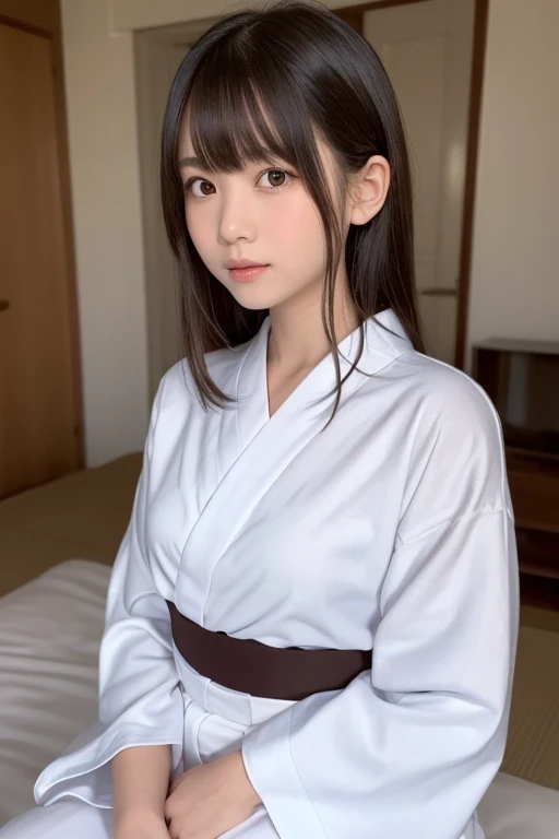 ((Top image quality、8K、​masterpiece：1.3))、Realistic high-quality photos、top-quality、girl cute-fine face、13 years old beautiful Japan girl、Photo of slim little girl model、Beautiful girl model、young japanese girl、Young cute face、japanaese girl、13-year-old female model、Beautiful Model Girl、The innocent look of the girl next door、lovely delicate face、Brown hair、Beautiful brown eyes、Tear bag、drooing eyes、young body、Judogi