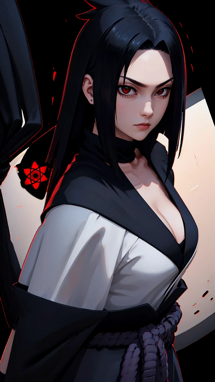 (8K,RAW photos),(best qualtiy),(tmasterpiece),(realisticlying,)(Photorealistic and realistic),(A high resolution),Hyper-detailing,(l realism:1.1),beauitful face, (1female:1.1),Female,(looki at viewer),cowboy lens,jpn, sasuke\(Naruto\),black t-shirt,uchiha simbol, red eyes, sharingan eyes, La Brett piercing,cleavahe-shoulder attire,smile,Be red in the face,Upper body photo black long hair,black high neck blouse, transparent long sleeves, black skirt, profesional lighting、photon mapping、physically-based renderingt、 Dark theme,backwards, looking back