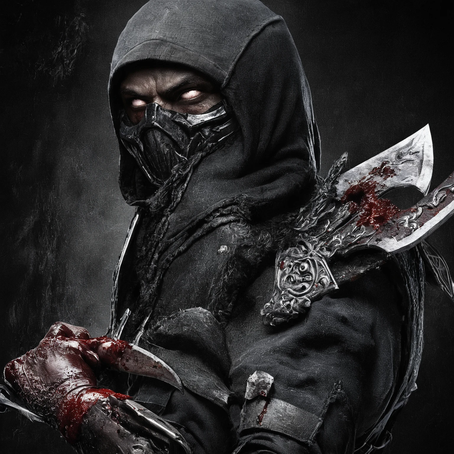 UHD, 4k, ultra detailed, cinematic, a photograph of Raiden in Mortal Kombat style, fictional universe consisting of numerous realms, a creepy hoodie man with a bloody face and a bloody hand and bloody teeth holding a bloody skull in the dark,solo,1boy,holding,weapon,male focus,sword,signature,holding weapon,armor,blood,holding sword,helmet,black background , Live-action, white sclera eyes, muscular, fitness, fighters, Action-adventure, brutal and gruesome, Mortal Kombat style, mk style, epic, beautiful lighting, inpsiring