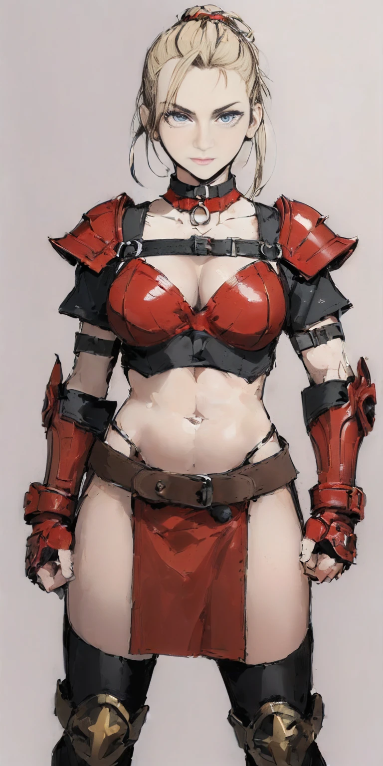 ((Plain background 1:2)) (Cammy White Street Fighter 6) Female full body standing straight symmetrical looking to the viewer RED full body armored (handcuffs, shackles, rerebrace, faulds, poleyn, gauntlets, leather collar choker) big belt under belly button, navel, belt over belly button ((hands on hips))