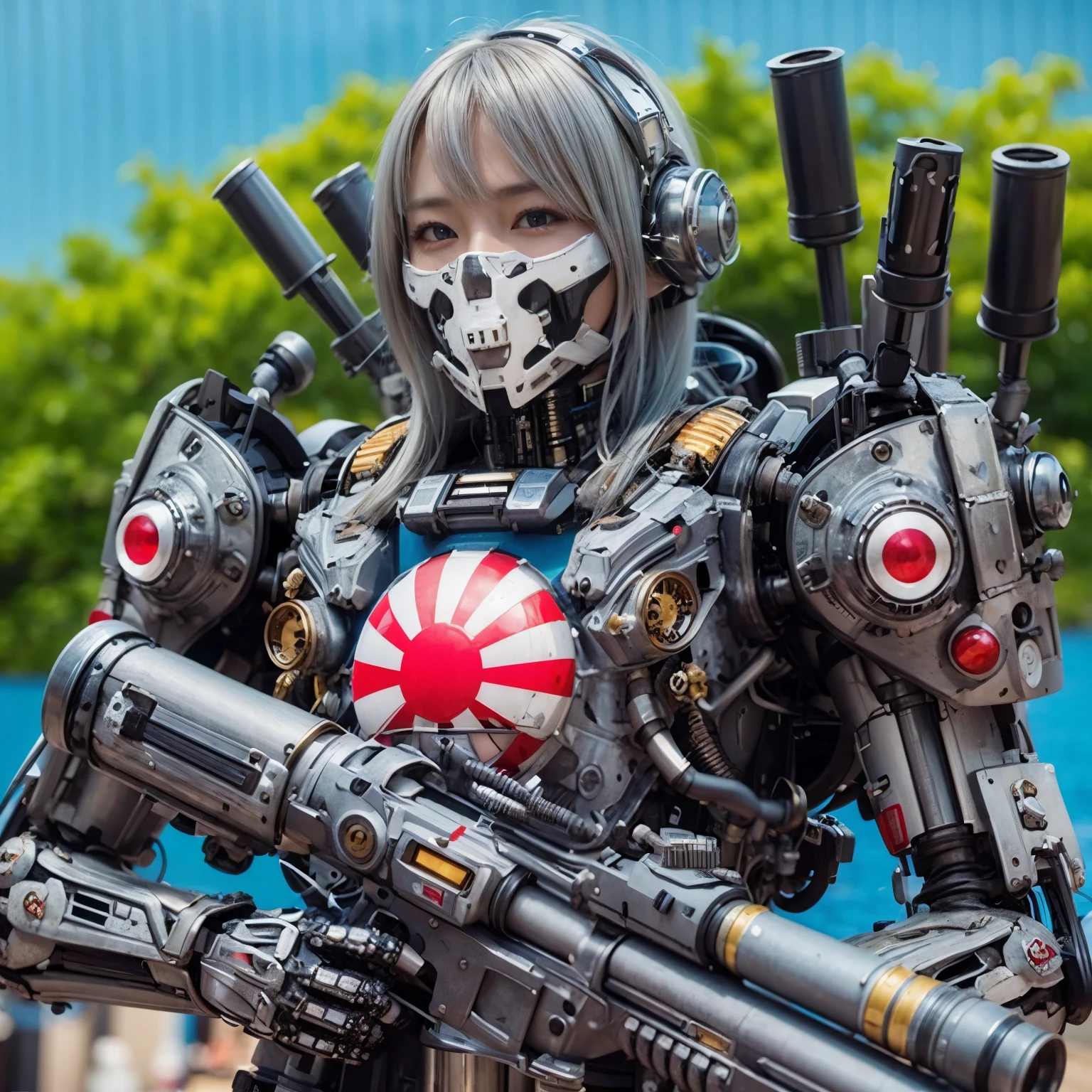 (masterpiece, best quality:1.2), (8k uhd, 16k, 32k, ultra high res), (photorealistic:1.37), (RAW photo), ultimate-realistic, ultimate-realistic details, ultimate-realistic texture, ultimate-intricate details, ultimate-realistic lighting, ultimate-realistic shadow, japanese girl, ultimate-cute face, ultimate-RAW skin, ultimate-realistic eyes, white hair, Japanese woman in insect powered suit, cannon mounted on shoulder, very cute face, mechanical, extremely intricate details, full body shot, ultimate photorealistic, big city locked down
