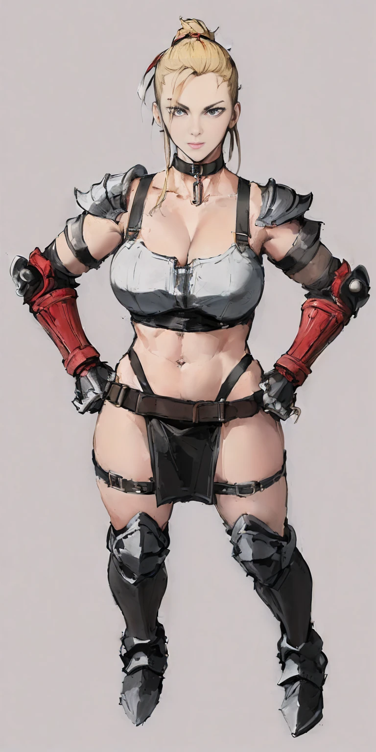 ((Plain background 1:2)) (Cammy White Street Fighter 6) Female full body standing straight symmetrical looking to the viewer RED full body armored (handcuffs, shackles, rerebrace, faulds, poleyn, gauntlets, leather collar choker) big belt under belly button, navel, belt over belly button ((hands on hips))