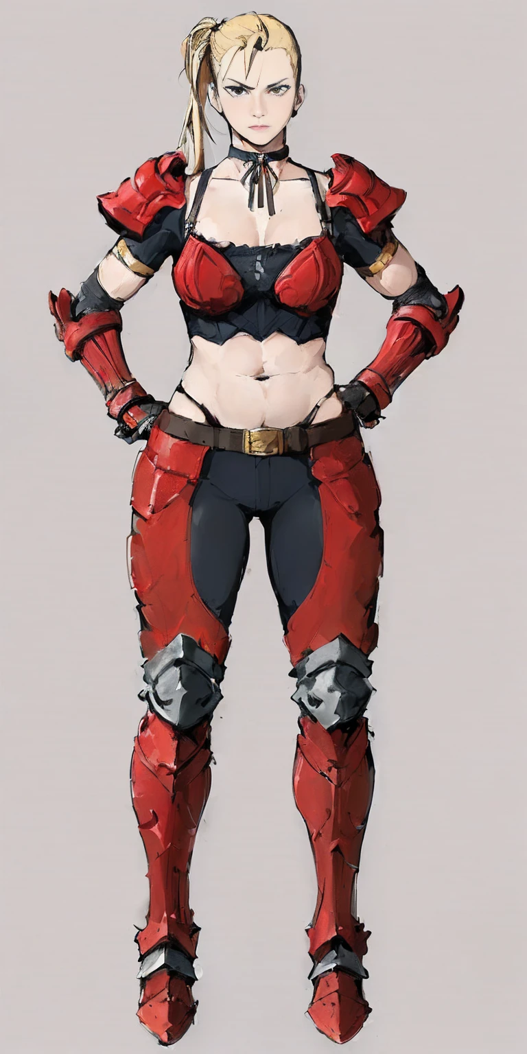 ((Plain background 1:2)) (Cammy White Street Fighter 6) Female full body standing straight symmetrical looking to the viewer RED full body armored (handcuffs, shackles, rerebrace, faulds, poleyn, gauntlets, leather collar choker) big belt under belly button, navel, belt over belly button ((hands on hips))