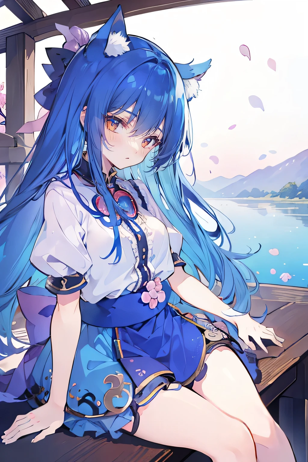 (masterpiece:1.2),ultra-detailed,realistic,expressive eyes,fair-skinned,perfectly shaped face,1girl,
Japanese cartoons,Gorgeous blue hair, flowing blue hair,floating clothes,cat ears,petals falling,beautiful Lola,Hina Angel,
hands on waist,gracefully sitting on the ground,legs crossed,gentle and serene background,cool and comfortable pavilion,sunrise.