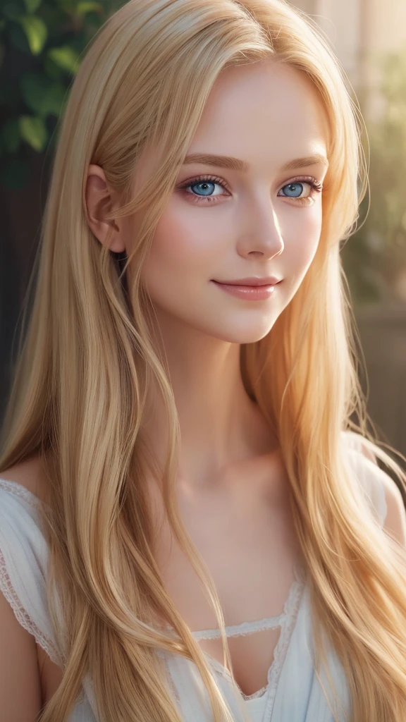 Soft portrait of a beautiful blonde woman, flowing golden hair, captivating blue eyes, delicate features, radiant smile, natural makeup, elegant attire, gentle expression, subtle blush, warm skin tones, ethereal lighting, soft shadows, high-resolution digital painting, realistic style, artistic interpretation, by a skilled portrait artist.