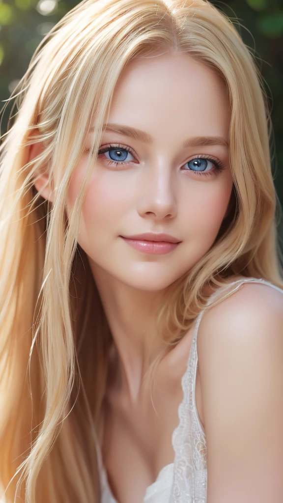 Soft portrait of a beautiful blonde woman, flowing golden hair, captivating blue eyes, delicate features, radiant smile, natural makeup, elegant attire, gentle expression, subtle blush, warm skin tones, ethereal lighting, soft shadows, high-resolution digital painting, realistic style, artistic interpretation, by a skilled portrait artist.