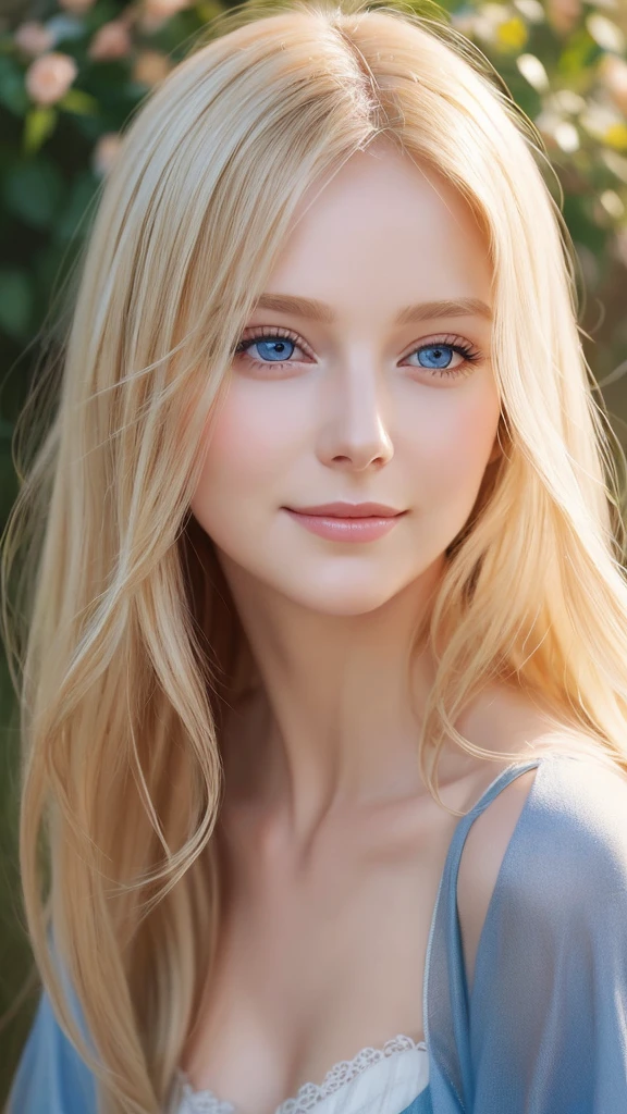 Soft portrait of a beautiful blonde woman, flowing golden hair, captivating blue eyes, delicate features, radiant smile, natural makeup, elegant attire, gentle expression, subtle blush, warm skin tones, ethereal lighting, soft shadows, high-resolution digital painting, realistic style, artistic interpretation, by a skilled portrait artist.