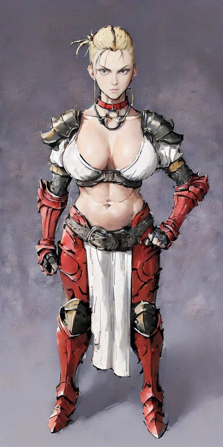 ((Plain background 1:2)) (Cammy White Street Fighter 6) Female full body standing straight symmetrical looking to the viewer RED full body armored (handcuffs, shackles, rerebrace, faulds, poleyn, gauntlets, leather collar choker) big belt under belly button, navel, belt over belly button ((hands on hips))