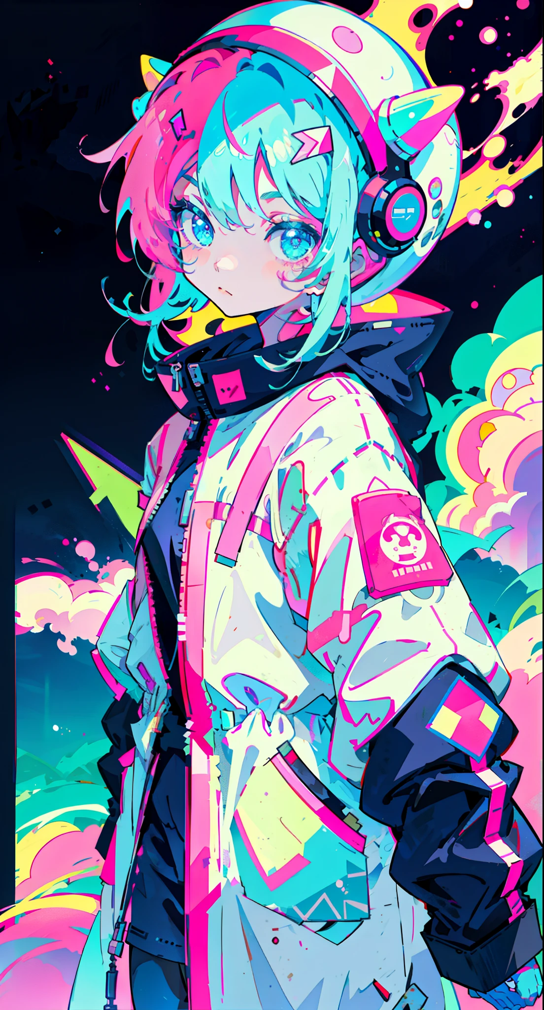 Anime Girls, Dressed as an astronaut, Neon pink and blue colors, scar, Stickers, Neon style full shot