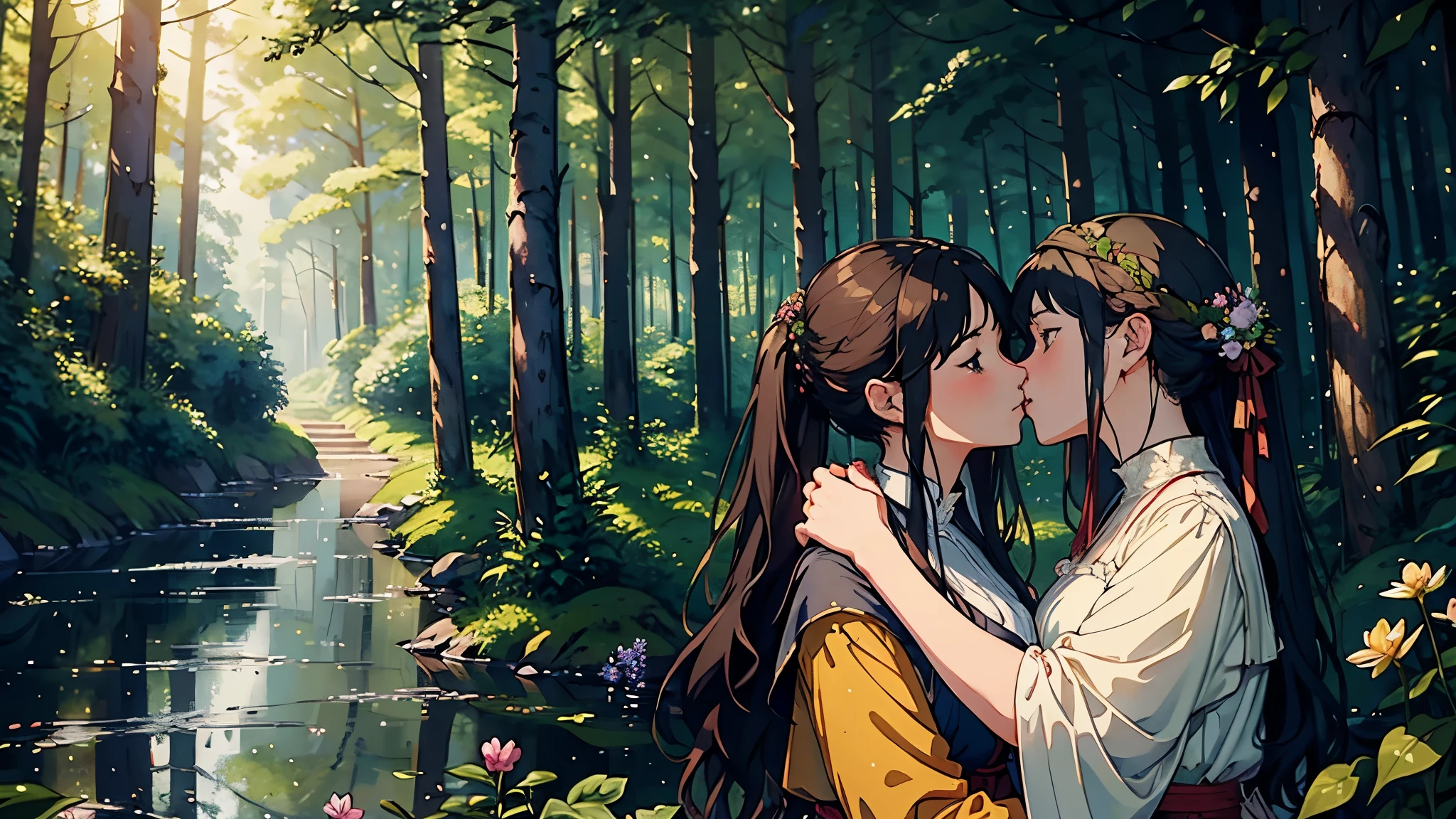 (highest quality, masterpiece, High resolution)、4K Anime Art、Soft Light、(Two women hugging and kissing in the forest、20-year-old)、(Detailed depiction of a beautiful face)、Put your hair up、Medieval European Dress、 evening、A woman is holding a lantern、Fireflies are flying、Lily flowers are blooming、In the woods of England、(Pre-Raphaelite style)、(Edmund Leighton Style)、(sergeant style)、