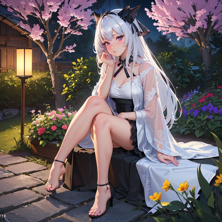 (best quality,4k,8k,highres,masterpiece:1.2),ultra-detailed,(realistic,photorealistic,photo-realistic:1.37),illustration,soft lighting,a girl with white hair,deep purple eyes,glowing eyes,sitting down,barefoot,face blushing,in a garden at night,flowers.Black Silk，Black high heels