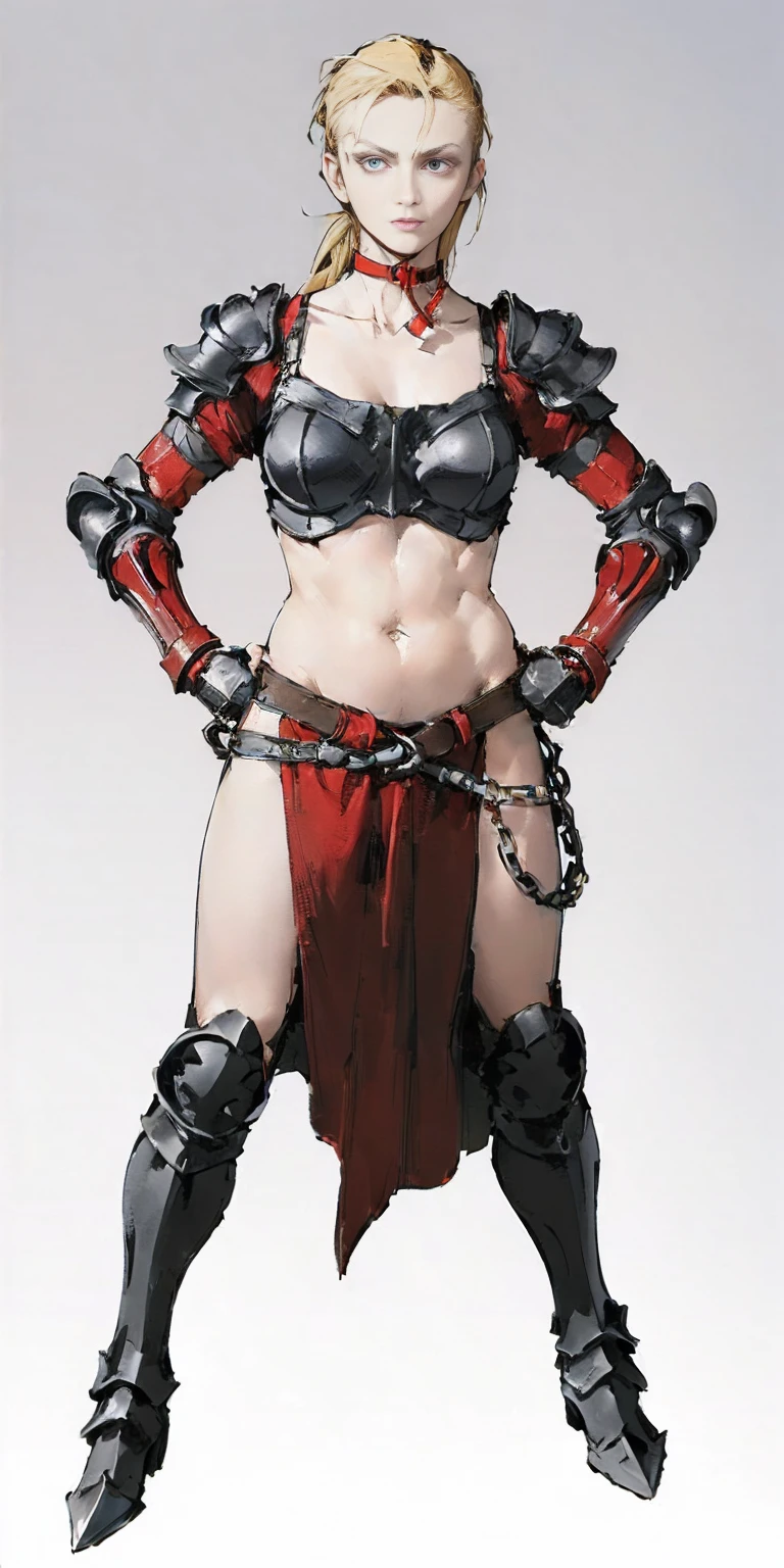 Masterpiece, (flat black background:1.2) solo, detailed face, intricate iris, thick lips, robot girl, (gold and white skin), realistic illustration of a (cyborg girl),(RED eyes),IvoryGoldAI,(freckles),(holding BREATHTAKING:1.2), (gold and white armor:1.2), (looking at viewer:1.2),parted lips, standing straight symmetrical, looking at viewer, lustful smirking smile face red blushed red cheeks, thick thighs, thighhighs, thigh, boots, armor, armored boots, full body armor, bikini armor, big breastplate, pauldron, bracers, leather black choker, tiger claws gloves, short bob white haircut, helmeted, metal shoulders, red long loincloth, longest blue cape reach to the waist, shackles and chains wristbands