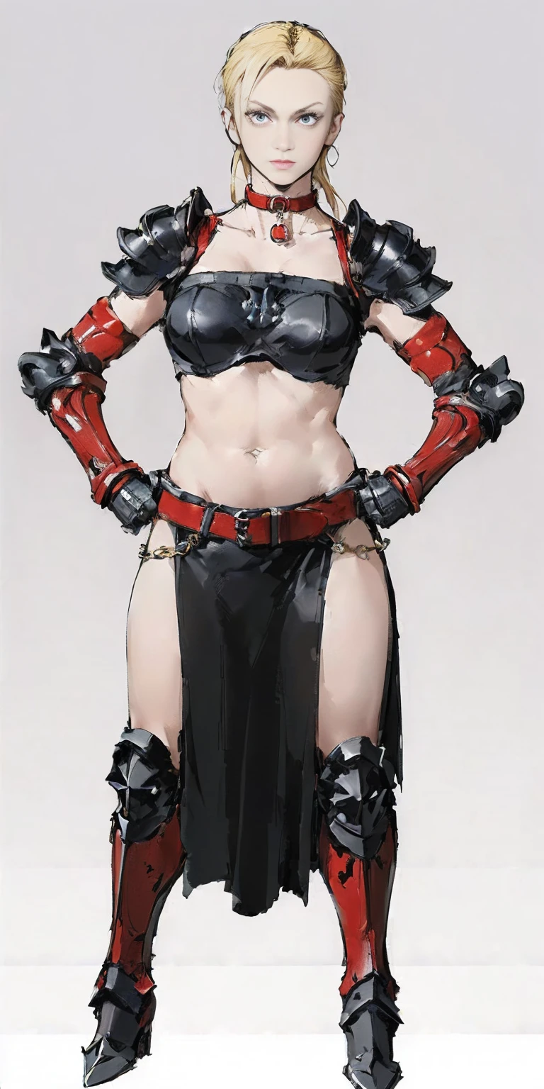 ((Plain background 1:2)) (Cammy White Street Fighter 6) Female full body standing straight symmetrical looking to the viewer RED full body armored (handcuffs, shackles, rerebrace, faulds, poleyn, gauntlets, leather collar choker) big belt under belly button, navel, belt over belly button ((hands on hips))