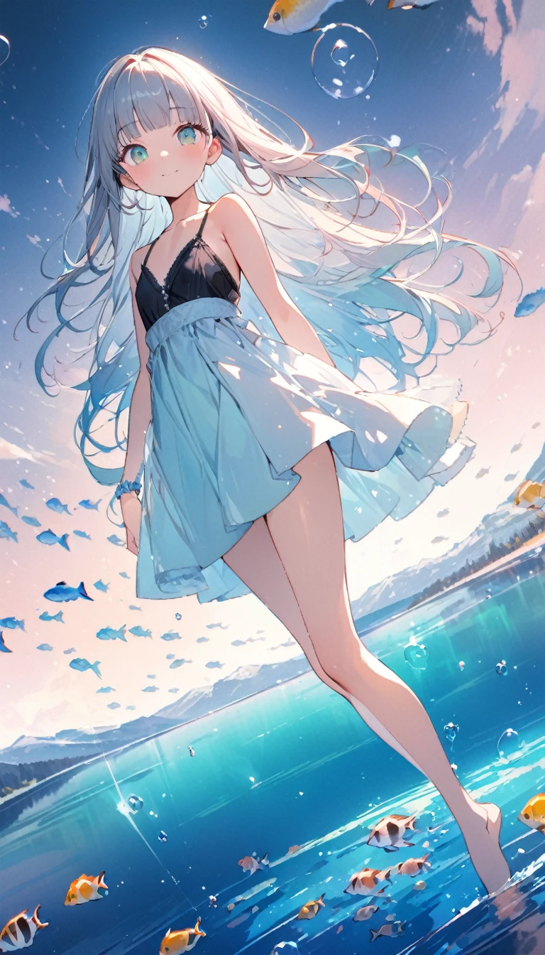 (masterpiece:1.3), (best quality:1.2), (illustration:1.2), (ultra detailed:1.2), (pixiv:1.4), ultra high res, watercolor, a girl with mimosa-colored and blunt bangs hair and eyes, (masterpiece:1.3), (best quality:1.2), (illustration:1.2), (ultra detailed:1.2), (pixiv:1.4), ultra high res, watercolor,looking at viewer ,focus eye,flat chest,slender,shining, many rays, (transparent lake:1.3), emerald lake, a black bikini, swimming under water, (tropical fish:1.3) pastel tones, flat tones, upward glance, tilt head, full body, twinkle smile, 1girl, solo, ars old, detailed beautiful face and eyes, fashion model, tall, slender legs, medium breasts, hair fluttering, (well-proportioned body:1.2), (dynamic angle:1.3) (beautiful hair:1.2), (masterpiece:1.2) , (best quality:1.2) , (ultra-detailed:1.2), 1000 other tiny bubbles all around, bubbles with light shined,