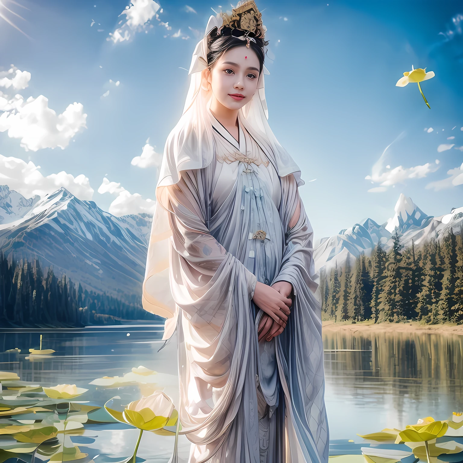 guanyin,nature, lake, robe, mountain,lotus, lily pad,jewelry,wide sleeves, chinese clothes, hanfu,shawl, hair ornament, holding flower, earrings, veil, crown