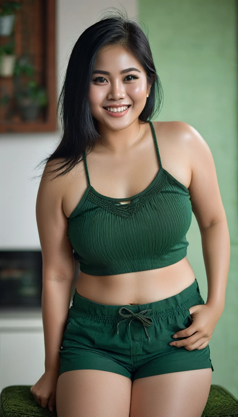 Indonesian Woman, age 20, white skin, clean eyes, a bit chubby, happiness, muscular body, wearing dark green string top crop, dark green shorts, medium long black hair, barefoot, living room scene, seduce pose on CANON 5D Mark IV, 135mm Lens, photoshoot, Depth of Field, intricately detail, hyperrealistic texture, focused, photography, white colour lighting tone.