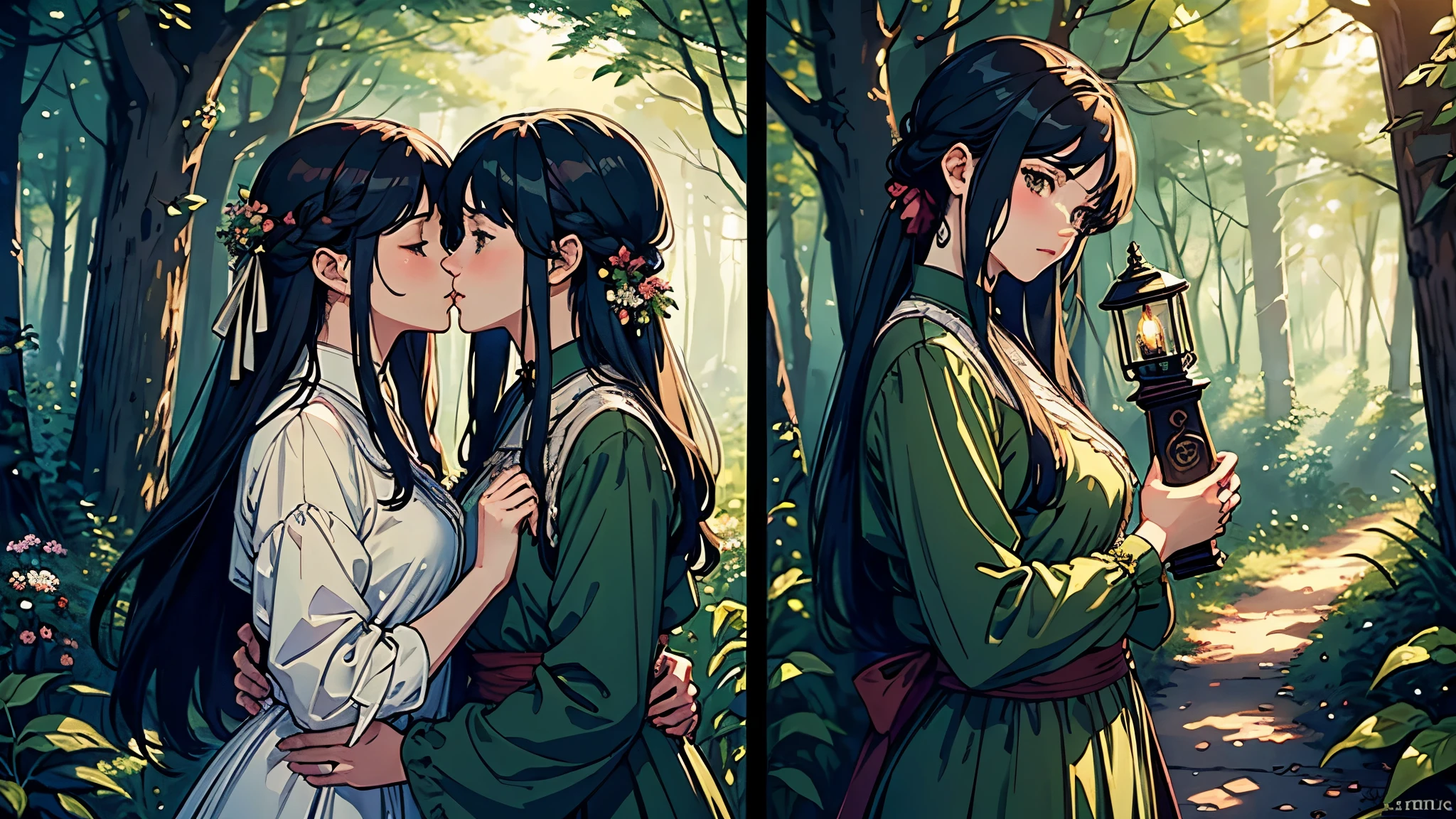 (highest quality, masterpiece, High resolution)、4K Anime Art、Soft Light、(Two women hugging and kissing in the forest、20-year-old)、(Detailed depiction of a beautiful face)、Put your hair up、Medieval European Dress、 evening、A woman is holding a lantern、Fireflies are flying、Lily flowers are blooming、In the woods of England、(Pre-Raphaelite style)、(Edmund Leighton Style)、(sergeant style)、