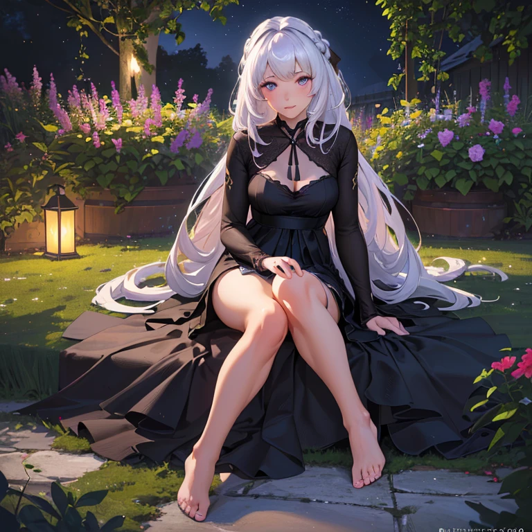 (best quality,4k,8k,highres,masterpiece:1.2),ultra-detailed,(realistic,photorealistic,photo-realistic:1.37),illustration,soft lighting,a girl with white hair,deep purple eyes,glowing eyes,sitting down,barefoot,face blushing,in a garden at night,flowers.Black Silk，Black high heels