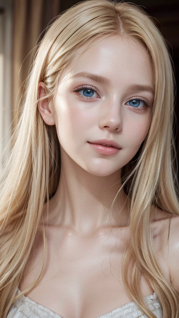 Soft portrait of a beautiful blonde woman, flowing golden hair, captivating blue eyes, delicate features, radiant smile, natural makeup, elegant attire, gentle expression, subtle blush, warm skin tones, ethereal lighting, soft shadows, high-resolution digital painting, realistic style, artistic interpretation, by a skilled portrait artist.