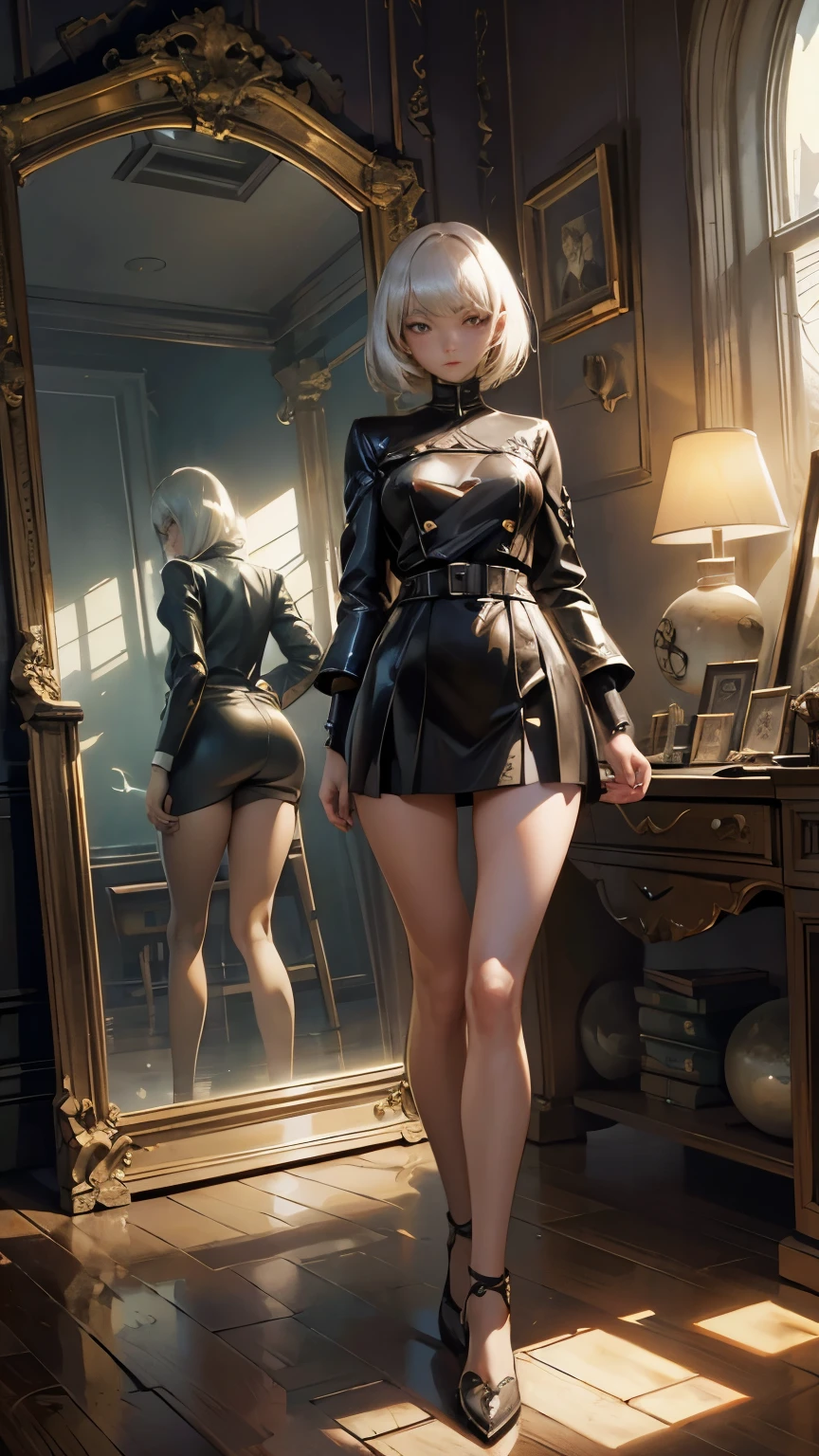 Graham Sutherland, Philippe Berthet, Surreal natural history, mysterious, bizarre, fantastical, fantasy, sci-fi, Japanese anime, the moon of a sleeping mechanical clock, the beautiful high school girl in a miniskirt in the mirror, perfect voluminous body, detailed masterpiece reflections Hyper realistic sharp focus
