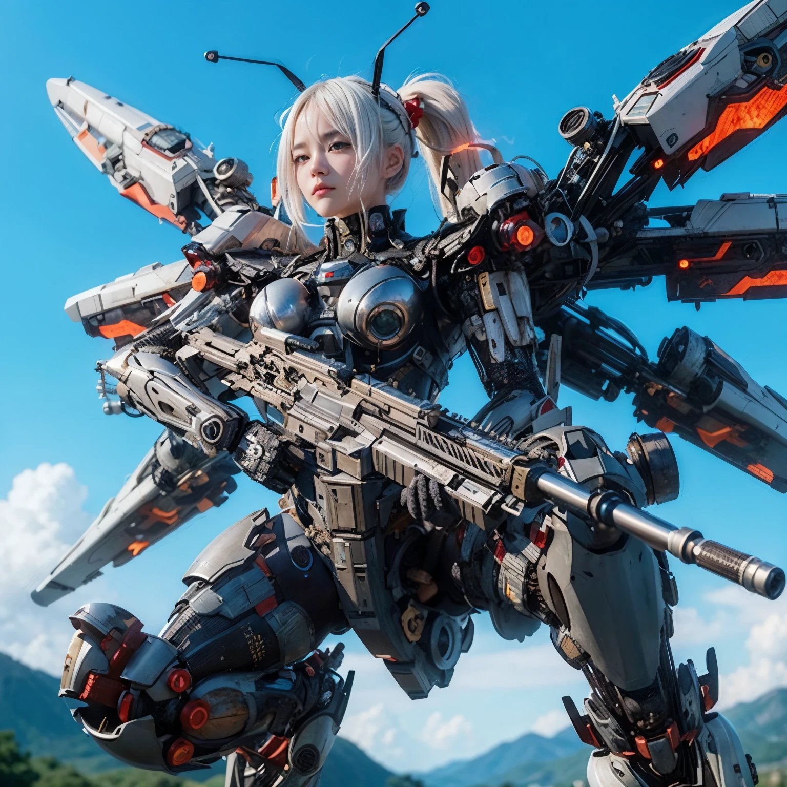 (masterpiece, best quality:1.2), (8k uhd, 16k, 32k, ultra high res), (photorealistic:1.37), (RAW photo), ultimate-realistic, ultimate-realistic details, ultimate-realistic texture, ultimate-intricate details, ultimate-realistic lighting, ultimate-realistic shadow, japanese girl, ultimate-cute face, ultimate-RAW skin, ultimate-realistic eyes, white hair, Japanese woman in insect powered suit, cannon mounted on shoulder, very cute face, mechanical, extremely intricate details, full body shot, ultimate photorealistic, big city locked down