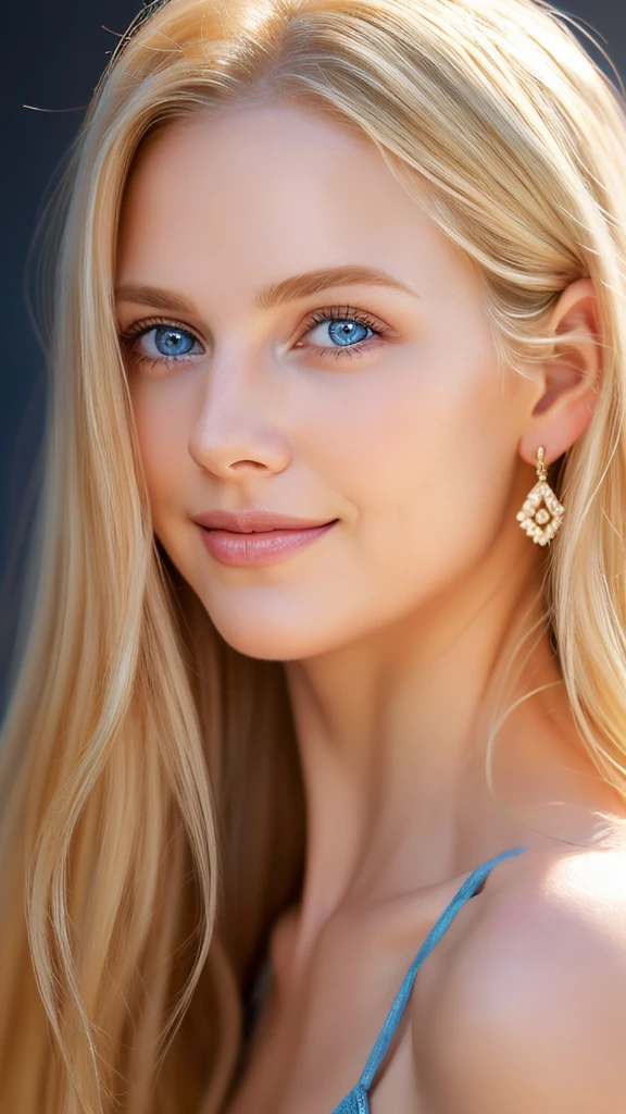 Soft portrait of a beautiful blonde woman, flowing golden hair, captivating blue eyes, delicate features, radiant smile, natural makeup, elegant attire, gentle expression, subtle blush, warm skin tones, ethereal lighting, soft shadows, high-resolution digital painting, realistic style, artistic interpretation, by a skilled portrait artist.