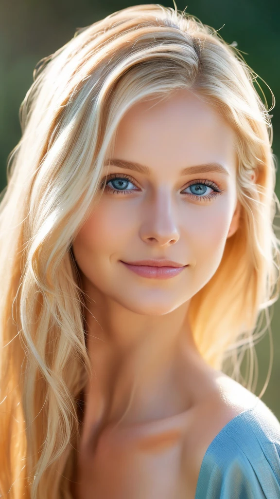 Soft portrait of a beautiful blonde woman, flowing golden hair, captivating blue eyes, delicate features, radiant smile, natural makeup, elegant attire, gentle expression, subtle blush, warm skin tones, ethereal lighting, soft shadows, high-resolution digital painting, realistic style, artistic interpretation, by a skilled portrait artist.