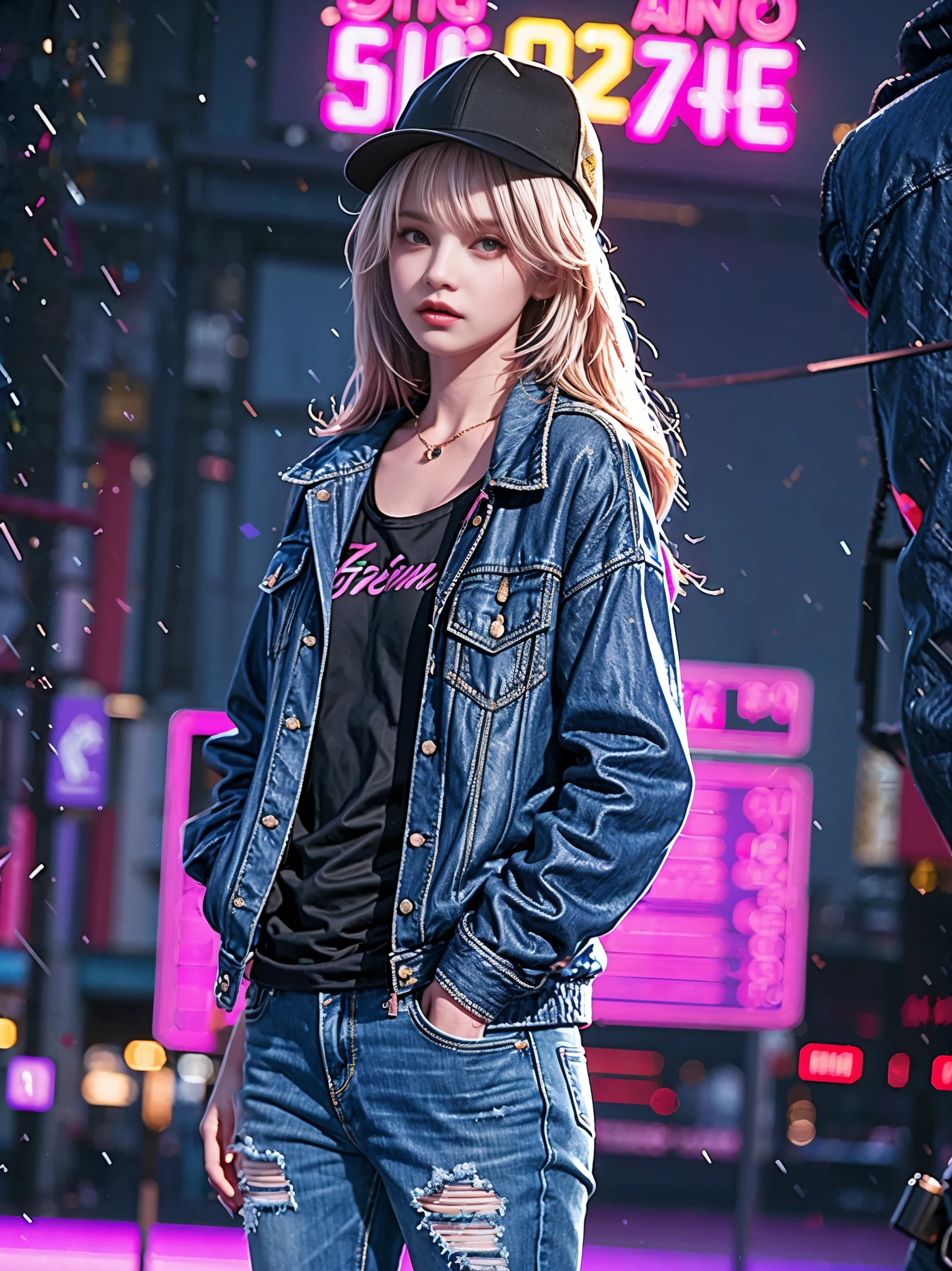 (Representative :1.2), 16k, neon background, Cyberpunk background, Cyberpunk, get off the sports car, Neon lighting effect reflected on the character's body, neon lighting effect, line neon,1 girl, night, blurred background, brown eyes, cowboy, denim jacket, depth of field, hands in pockets, upper body, slanted body, above hips, hat, hoodie, coat, jeans, lips, looking at the viewer, neon, open clothes, open jacket, slightly lifted lips , rainbow, shirt, solo, standing，(Exquisite and perfect demeanor:1.3)，(dream)，(Ultra HD, masterpiece, precise, Anatomically correct, textured skin, High Detail, high quality, The award-winning, 8k)