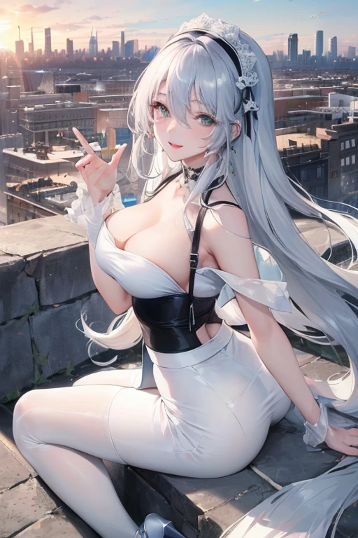 official art, masterpiece, Sharp focus, (Beautiful, gorgeous and cute Korean woman:1.3), (beautiful and cute korean:1.3), Korean beauty, Exquisite and beautiful hair、Eyes and face, Practical, Ultra Detailed, beautiful girl, Blue sky, Glowing white particles, (Side Light:1.2), Sunlight, Baiyun, Detailed clouds, slim, Very cute big and big butt, Smile with teeth bared, ((Smile with your eyes, Open your eyes)), landscape, Long and straight hair, Sexy facial expressions, architecture, (city View:1.7), Dynamic Hair, very Long and straight hair, Delicate platinum silver hair, Green eyes, Pink skirt, Black socks, Pale skin, Hair accessories, epic landscape,White Silk,White high heels,Nice butt,Beautiful buttocks,Nothing under the skirt,Weight loss
