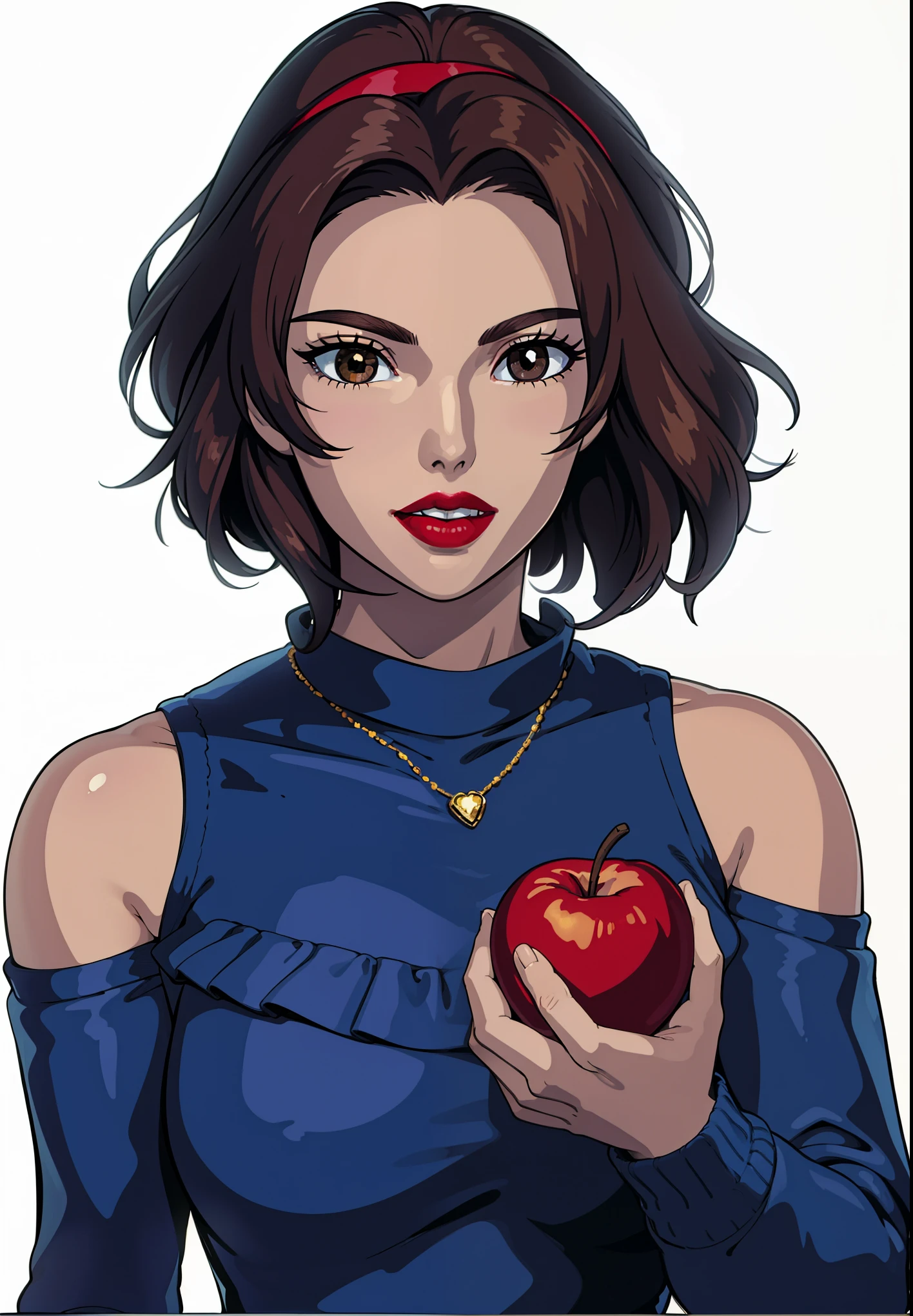 masterpiece, best quality, 1girl, solo, brown eyes, red lips, gold necklace,apple in hand, red headband