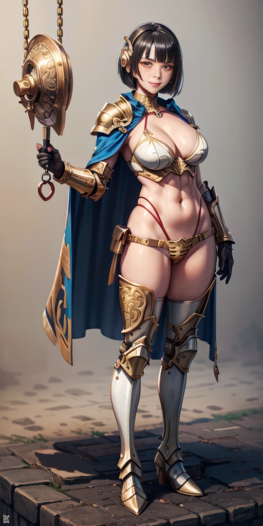 Masterpiece, (flat black background:1.2) solo, detailed face, intricate iris, thick lips, robot girl, (gold and white skin), realistic illustration of a (cyborg girl), (RED eyes), IvoryGoldAI, (freckles),(holding BREATHTAKING:1.2), (gold and white armor:1.2), (looking at viewer:1.2), parted lips, standing straight symmetrical, looking at viewer, lustful smirking smile face red blushed red cheeks, thick thighs, thigh highs, thigh, boots, armor, armored boots, full body armor, bikini armor, big breastplate, pauldron, bracers, leather black choker, tiger claws gloves, short bob white haircut, helmeted, metal shoulders, red long loincloth, longest blue cape reach to the waist, shackles and chains wristbands
