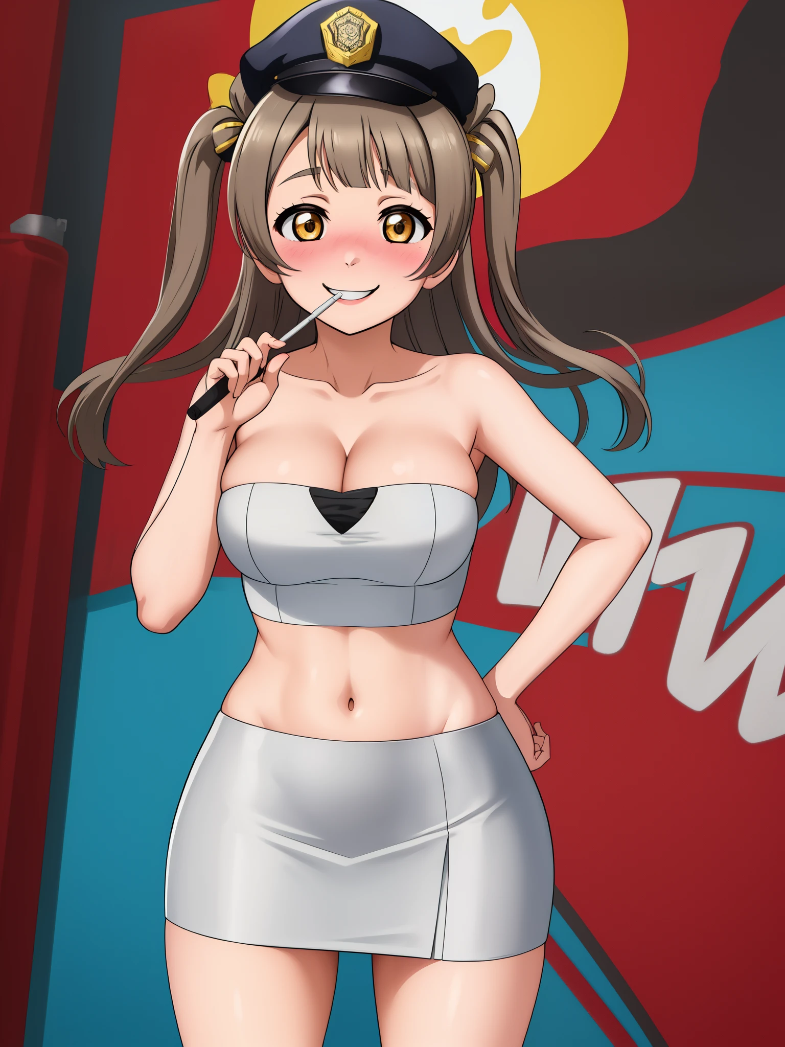 Masterpiece, best quality,solo, (detailed face), minami kotori, curvy body, smile,(embarrassed:1.2) ,white tube top, strapless ,(mini pencil skirt:1.2) , standing,cowboy shot, thighs, wide hips , midriff ,solo,hand on hip,one side up, cleavage , police cap, groin 