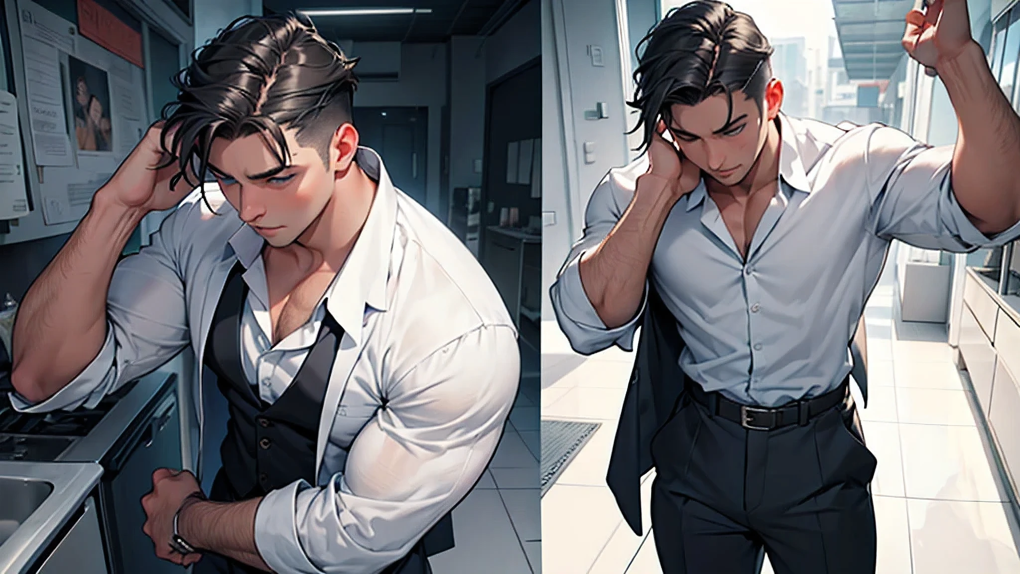 (muscular),(parece muy joven),(cuerpo limpio),(Calzoncillos blancos:1.5),(Ecstasy with incredible orgasms),(elevation),(sexual excitement),(virgen masculina) (1 macho adulto),A high resolution, sharp focus, obra maestra de pixiv, ((Detalles complicadouy detallado, moreno ,Upper body with multiple views,Suit pants view, 1 hombre,Is shy,orinar en las piernaeando,La orina corre por los muslos.,avergonzado,regocijado,is in shock,panicking,preocuparse,A small puddle of your own urine forms around your feet.,cuerpo completoesbiano,se arrodilla en el suelo,Con muchas ganas de orinar,It is uncomfortable,Mojate,Urine discharge, entrepierna sudorosa,empapado,Lluvia,la camisa esta empapada,(A gesture of supplication),blue color eyes(ojos brillando), pelo gris corto,Camisa blanca,Usa una corbata,Wearing a belt,Black suit pants,breathe through,mirar desde abajo cautivador y confiado