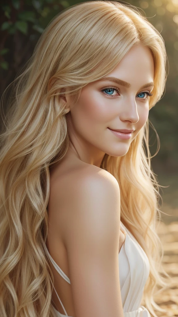 Soft portrait of a beautiful blonde woman, flowing golden hair, captivating blue eyes, delicate features, radiant smile, natural makeup, elegant attire, gentle expression, subtle blush, warm skin tones, ethereal lighting, soft shadows, high-resolution digital painting, realistic style, artistic interpretation, by a skilled portrait artist.