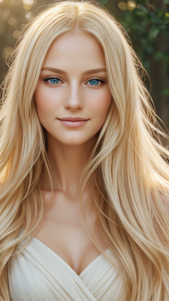 Soft portrait of a beautiful blonde woman, flowing golden hair, captivating blue eyes, delicate features, radiant smile, natural makeup, elegant attire, gentle expression, subtle blush, warm skin tones, ethereal lighting, soft shadows, high-resolution digital painting, realistic style, artistic interpretation, by a skilled portrait artist.