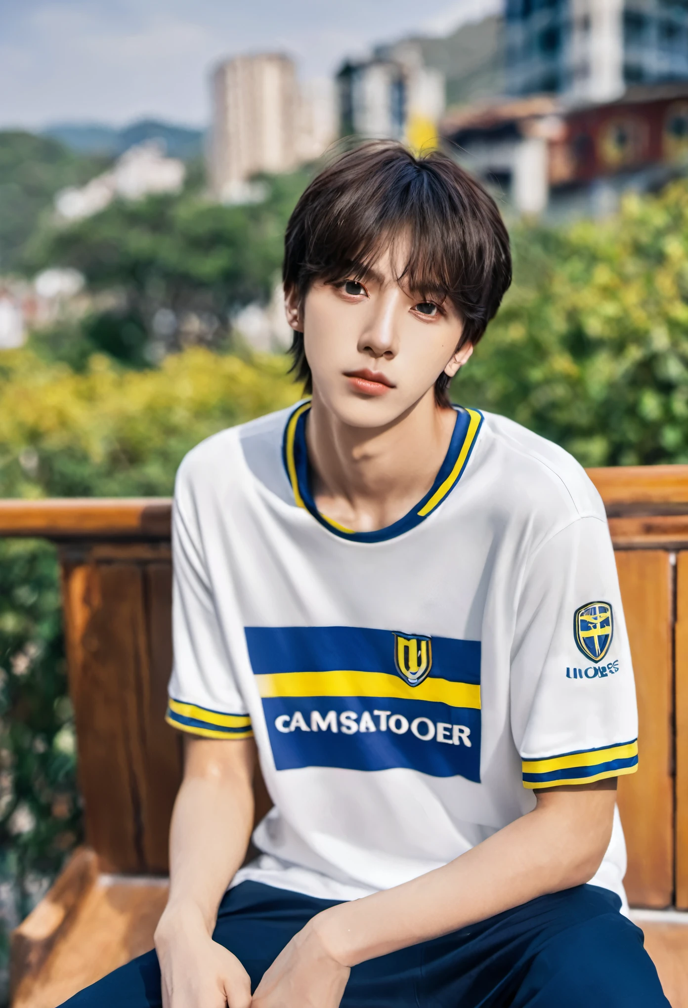 Chico rubio con ojos claros sacandose una foto con una camiseta de boca juniors, rasgos asiaticos, tipo jeon jungkook