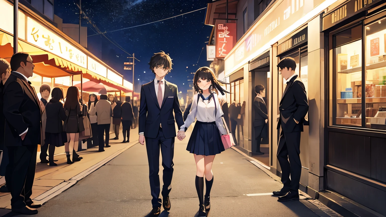 16 years old、Male and female couple、Holding hands、Date at the amusement park、The man is expressionless、Woman smiles、The girl is wearing a high blazer、Skirt 10cm above the knee、The man is wearing black plain clothes、The color of the shoes is black、whole body、Detailed facial expressions、Anime Style、comics, Bright starry sky、 Romantic、 Pure、男性は16 years old、Wearing normal clothes and carrying shopping bags、女性は16 years old、Mini Pleated Skirt、I am wearing long boots on my feet.、The location is in the city at night