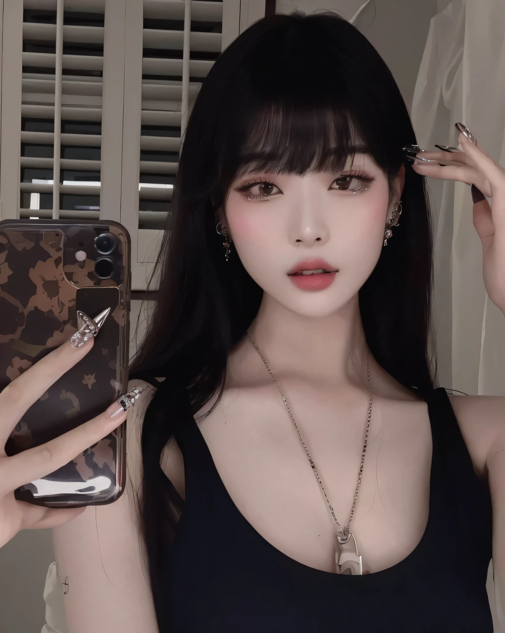mulher araffe com longos cabelos pretos segurando um telefone celular, cruel korean goth girl, Ulzzang, fotografia selfie 8k, maquiagem sul-coreana popular, maquiagem coreana popular, selfie de uma jovem, Jinyoung Shin, linda jovem coreana, rosto sexy com maquiagem completa, heonhwa choe, sakimichan, imagem de perfil, linda mulher sul-coreana