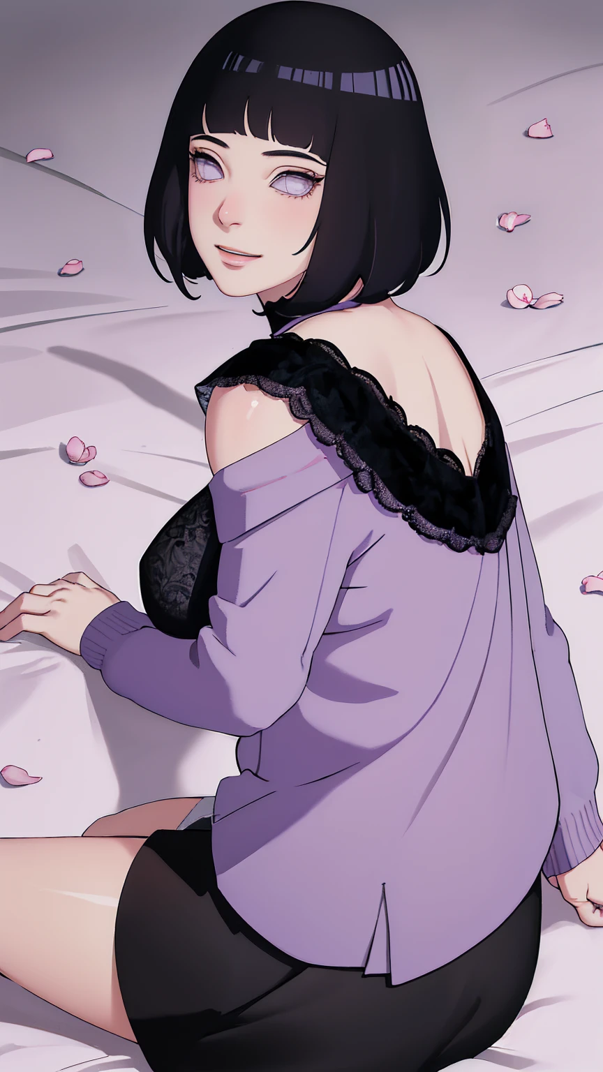 { - anatomy error} (Masterpiece - Ultra-detailed, very high resolution) (huge titusty, masterpiece, absurdres, hinata\(boruto\), 1girl, solo,mature female, off-shoulder bra, high waist black short skirt, looking at viewelling petals), perfect composition, detailed lips, big breast, beautiful face, body propotion, blush, (pink lips), short hair, (black hair), purple eyes, soft gaze, super realistic, detailed, photoshoot, realistic face and body, closed mouth, laying on the bed , lilac eyes, full body, lace clothes, with chin resting on shoulder, perfect fingers, backwards, looking back, naughty smile
