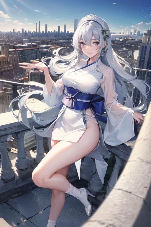 official art, masterpiece, Sharp focus, (Beautiful, gorgeous and cute Korean woman:1.3), (beautiful and cute korean:1.3), Korean beauty, Exquisite and beautiful hair、Eyes and face, Practical, Ultra Detailed, beautiful girl, Blue sky, Glowing white particles, (Side Light:1.2), Sunlight, Baiyun, Detailed clouds, slim, Very cute big  and big butt, Smile with teeth bared, ((Smile with your eyes, Open your eyes)), landscape, Long and straight hair, Sexy facial expressions, architecture, (city View:1.7), Dynamic Hair, very Long and straight hair, Delicate platinum silver hair, Green eyes, Pink skirt, Black socks, Pale skin, Hair accessories, epic landscape,White Silk，White high heels，Nice butt，Beautiful buttocks，Nothing under the skirt，Weight loss