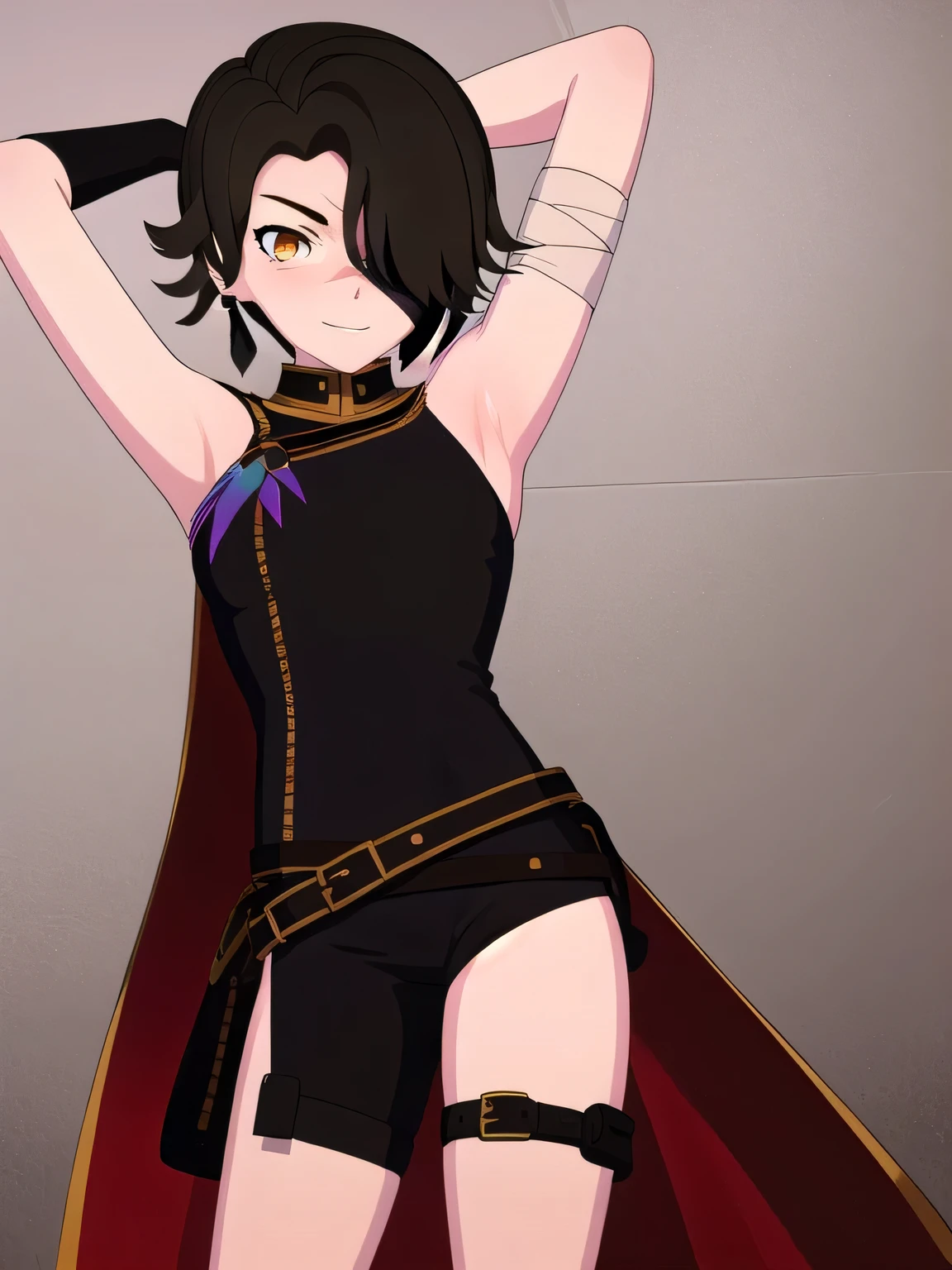 cinderfall, cinder fall, short hair, black hair, (yellow eyes:1.5),
BREAK gloves, dress, jewelry, earrings, black gloves, elbow gloves, hair over one eye, tattoo, scar, shorts, black gloves, belt, bandages, dress, black dress, solo,
contrapposto, spread armpit, arms behind head, smile, BREAK looking at viewer, (cowboy shot:1.5)