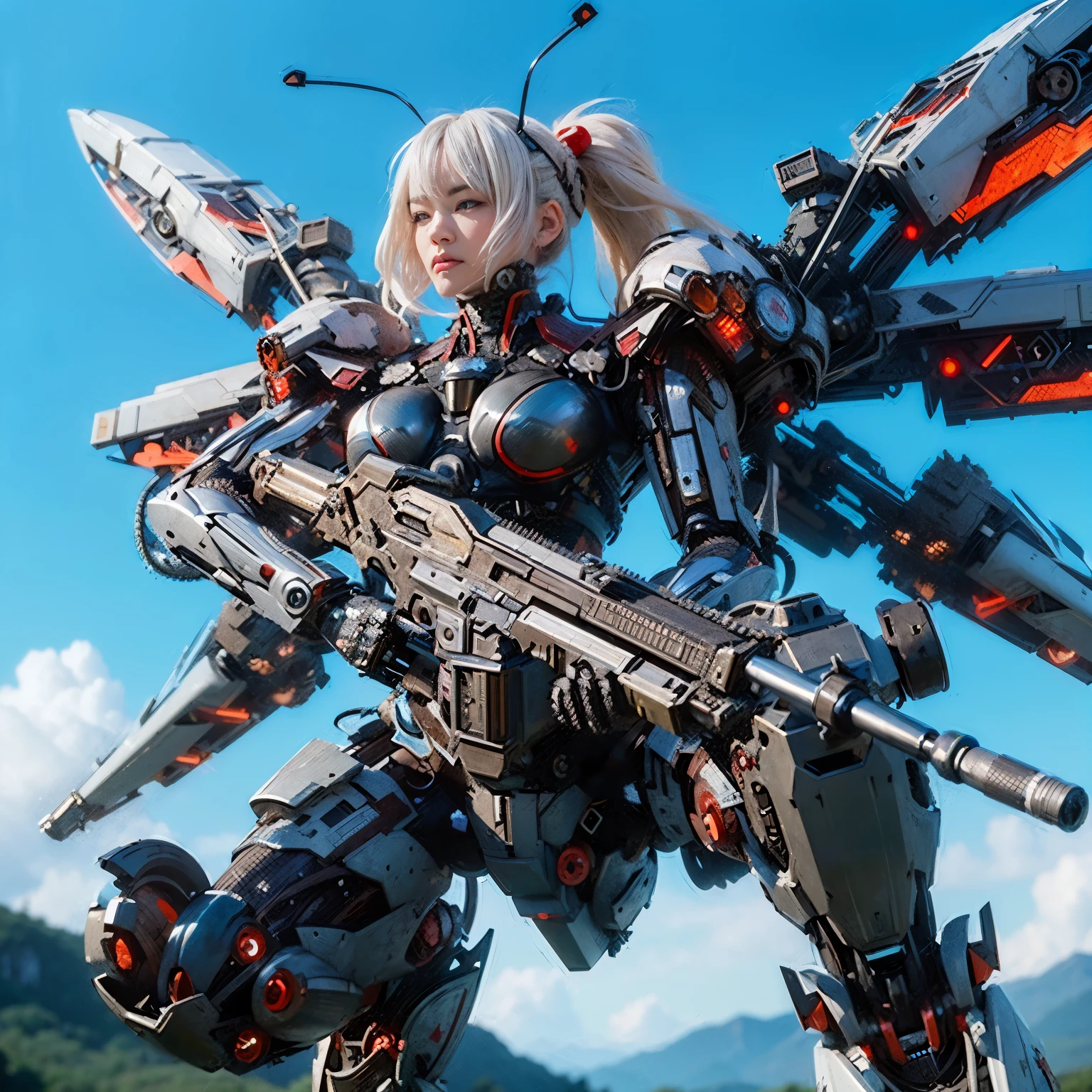 (masterpiece, best quality:1.2), (8k uhd, 16k, 32k, ultra high res), (photorealistic:1.37), (RAW photo), ultimate-realistic, ultimate-realistic details, ultimate-realistic texture, ultimate-intricate details, ultimate-realistic lighting, ultimate-realistic shadow, japanese girl, ultimate-cute face, ultimate-RAW skin, ultimate-realistic eyes, white hair, Japanese woman in insect powered suit, cannon mounted on shoulder, very cute face, mechanical, extremely intricate details, full body shot, ultimate photorealistic, big city locked down