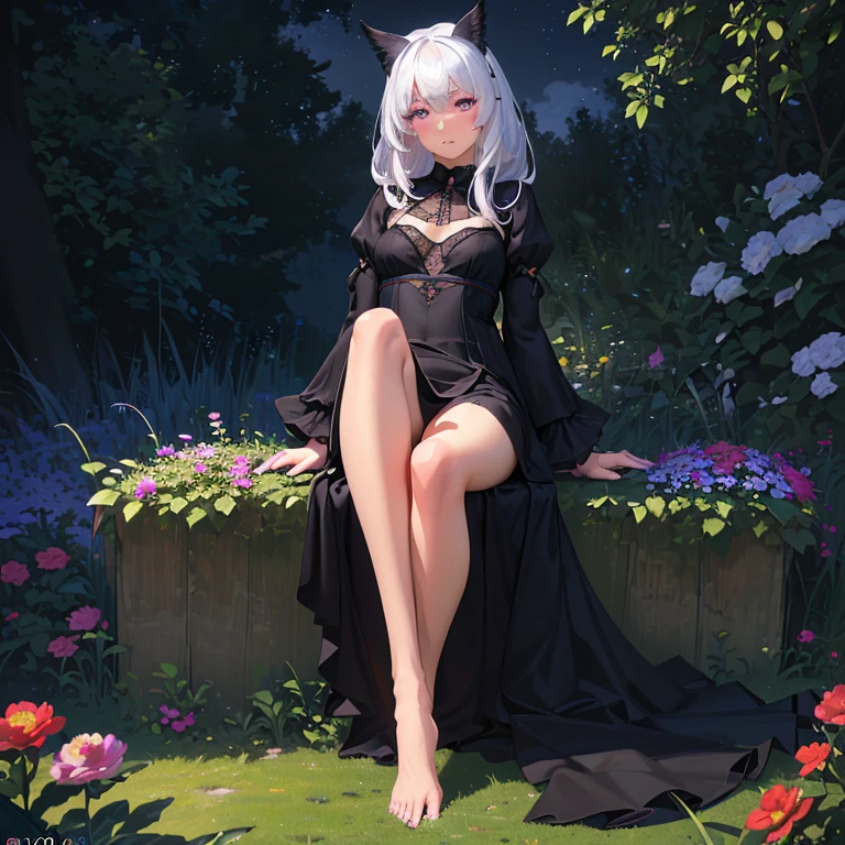 (best quality,4k,8k,highres,masterpiece:1.2),ultra-detailed,(realistic,photorealistic,photo-realistic:1.37),illustration,soft lighting,a girl with white hair,deep purple eyes,glowing eyes,sitting down,barefoot,face blushing,in a garden at night,flowers.Black Silk,Black high heels